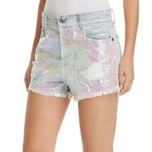 SUNSET+SPRING Iridescent Sequin Front Distressed Raw Hem Light Denim Shorts 26
